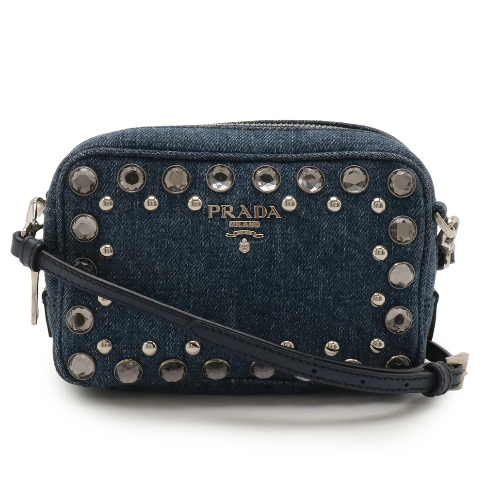 Prada Crossbody Bag Case Denim Rhinestones Leather Blue